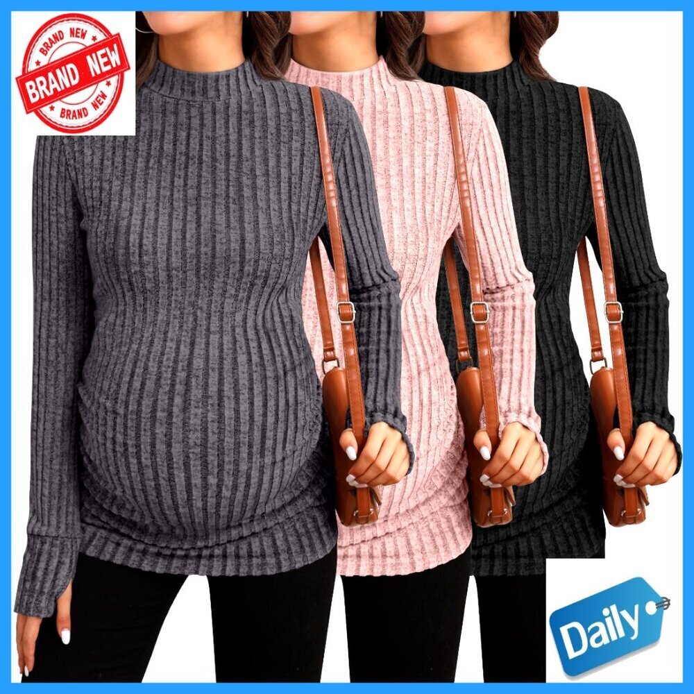 3 Pack Maternity Mock Turtleneck Long Sleeve Ribbed Tops Thumb Hole
